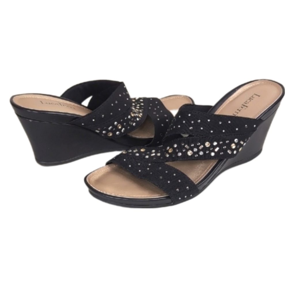 💠Luca Ferri Wedge Sandals Elastic Beaded Rhinestones Faux Leather Heels Shoes